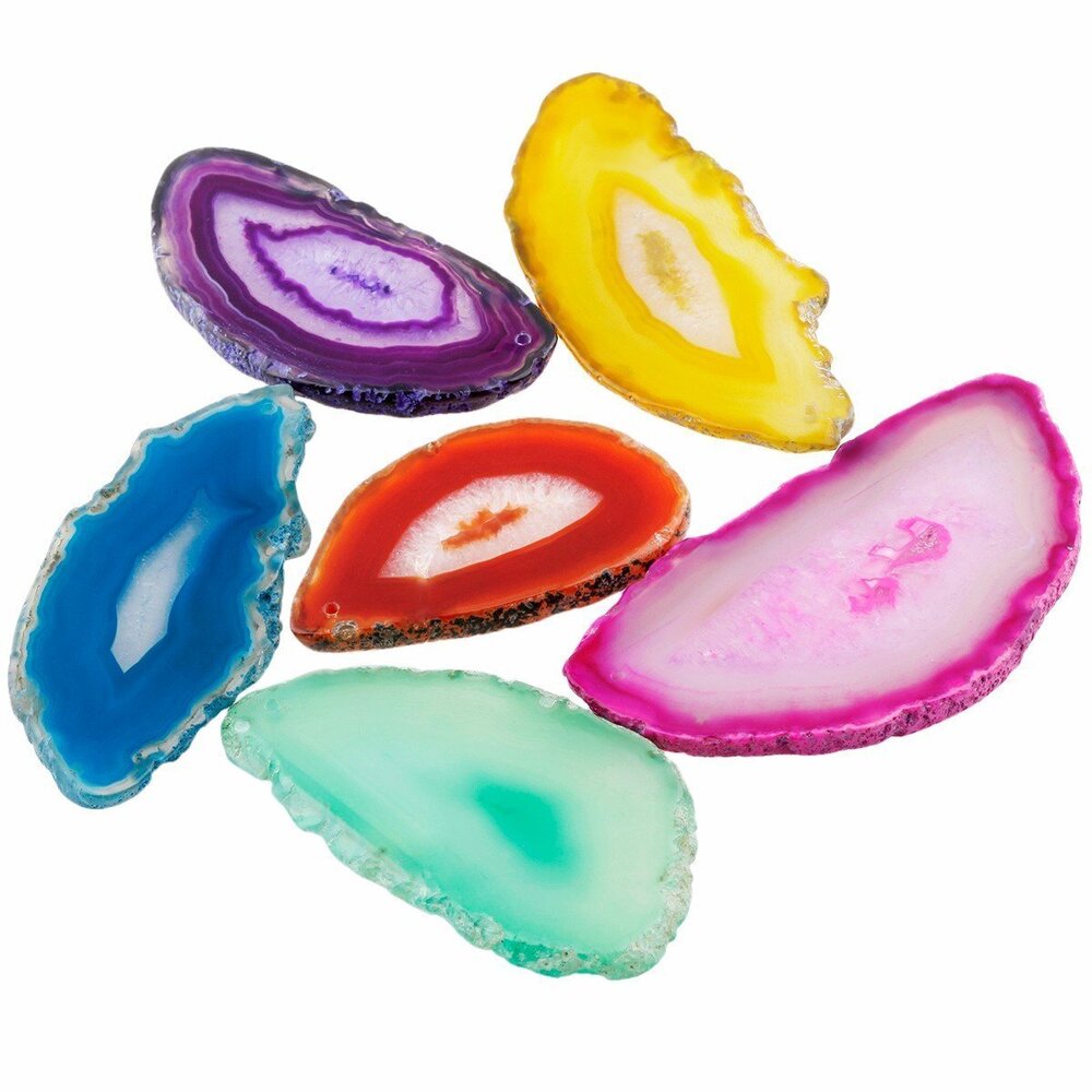 3079 6 Pcs Polished Thin Agate Slice Pendants with Drilled Holes